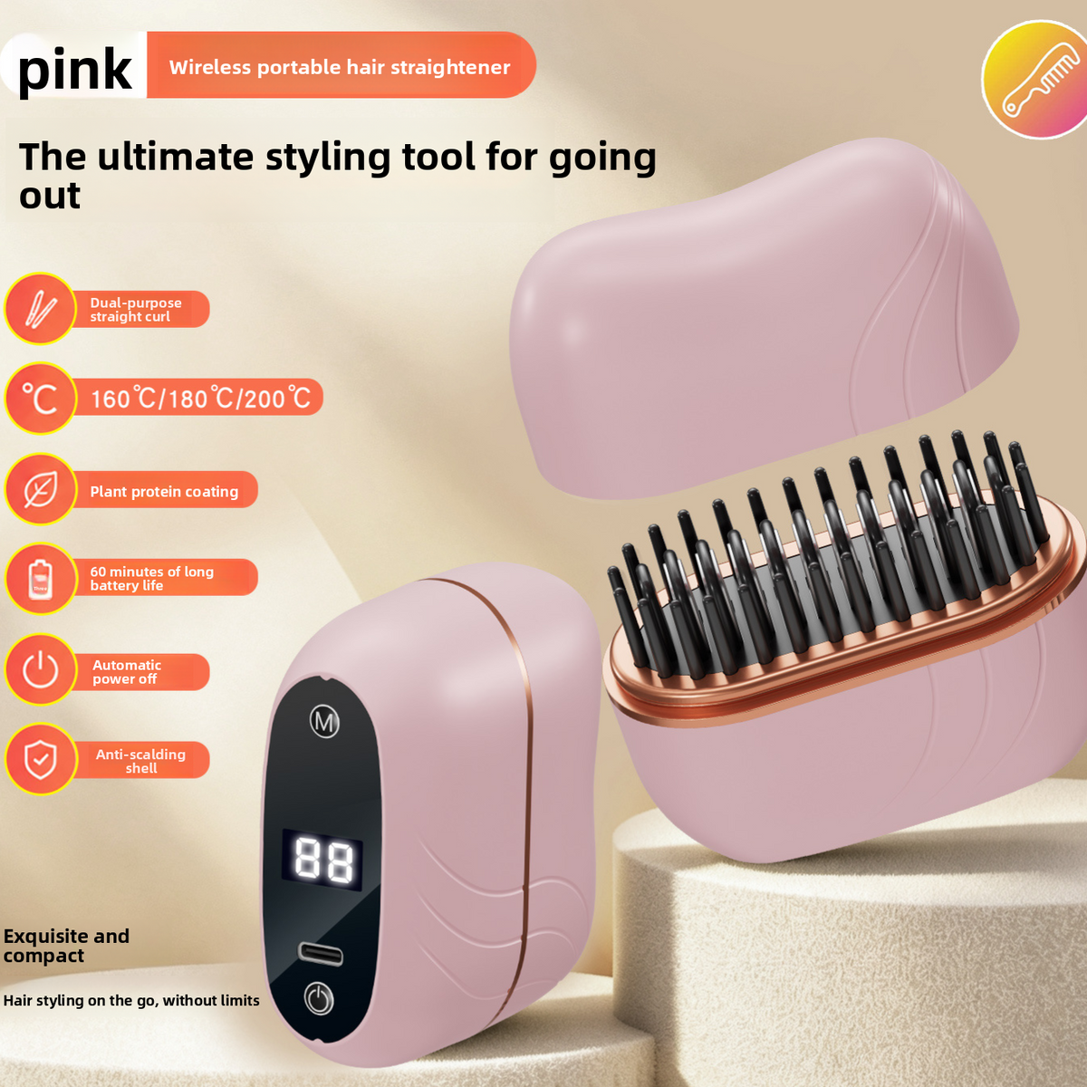 Wireless Hair Straightener and Curler Dual Styling Comb