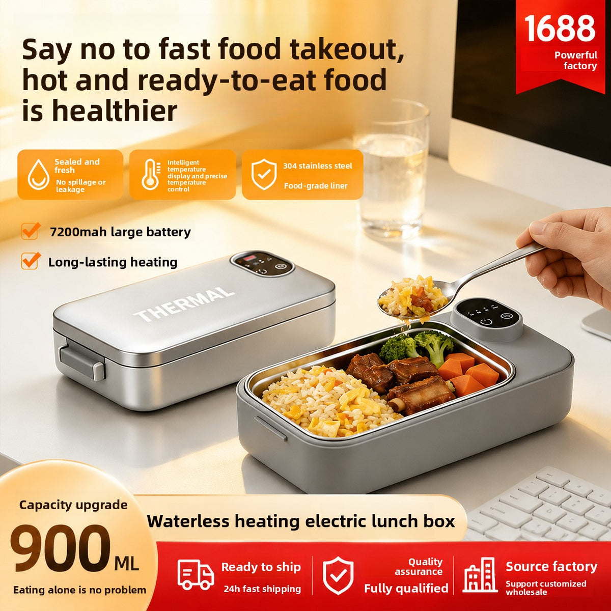 Water-Free Heating Lunch Box, USB Charging Portable Insulated Lunch Box