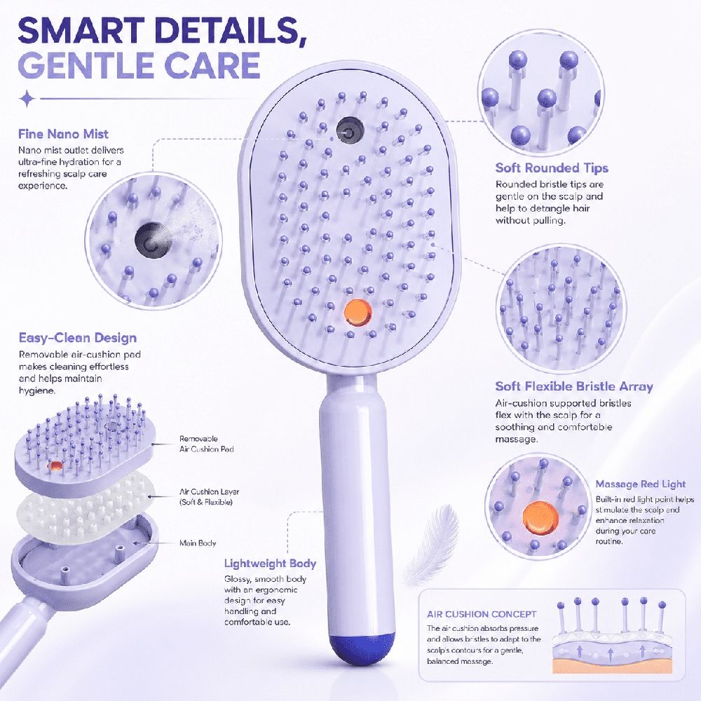 Electric Spray Air Cushion Massage Comb, Nano Mist Hydration & Scalp Massage, Rechargeable Detangling Hair Brush for Home and Travel