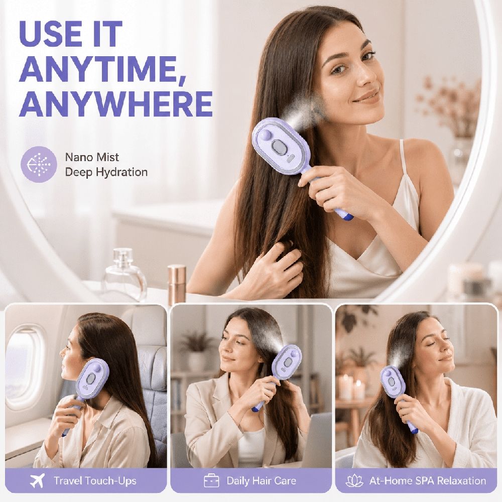 Electric Spray Air Cushion Massage Comb, Nano Mist Hydration & Scalp Massage, Rechargeable Detangling Hair Brush for Home and Travel