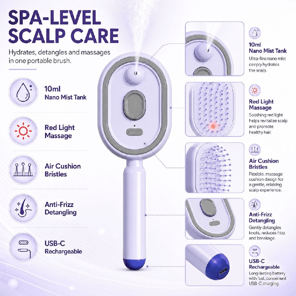 Electric Spray Air Cushion Massage Comb, Nano Mist Hydration & Scalp Massage, Rechargeable Detangling Hair Brush for Home and Travel